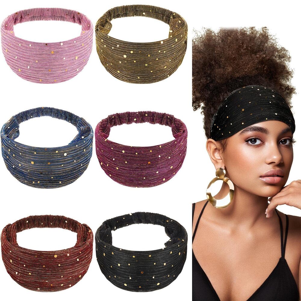 9286 6 Pcs Boho Bling Sequin Headbands - Wide Stretchy African Head Wraps